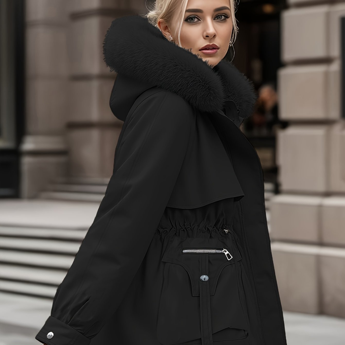 Women's Winter Fleece-Lined Thermal Coat - Full-Zip A-Line Hood