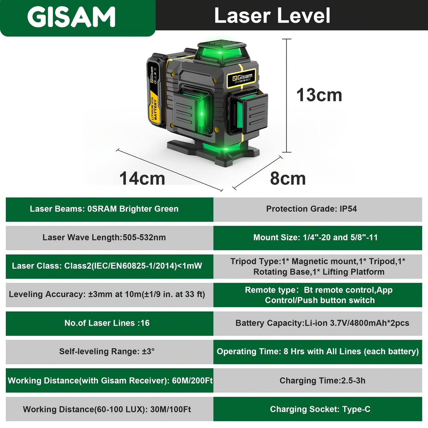 highsam 4D Laser Level - 16 Line Cross 360 Self Leveling 2 Battery