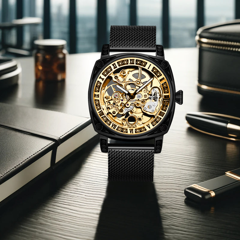 Auréline Automatic Hollow Mechanical Watch - Yellow Black Mesh