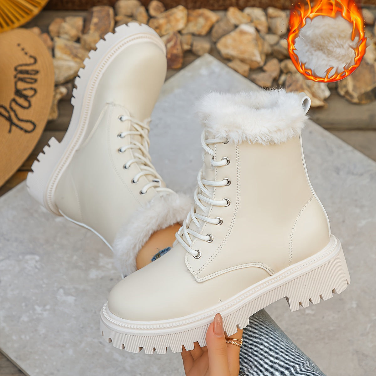 Women's Elegant White Fleece-Lined Ankle Boots - Side Zipper