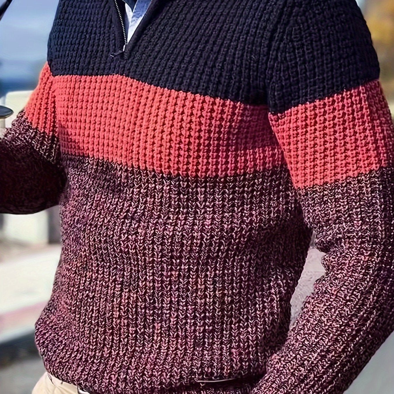 Men's Half-Zip Striped Sweater - Stand Collar Color Block