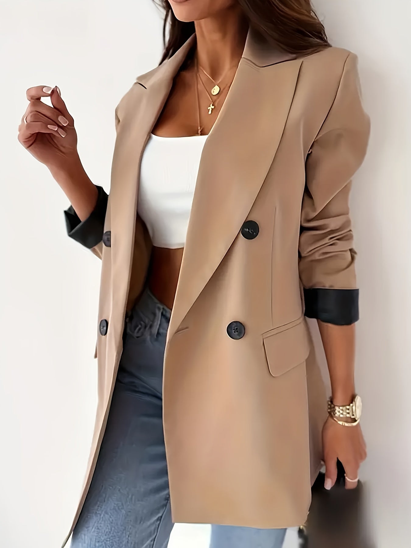 Women's Double Breasted Lapel Blazer - Elegant Long Sleeve