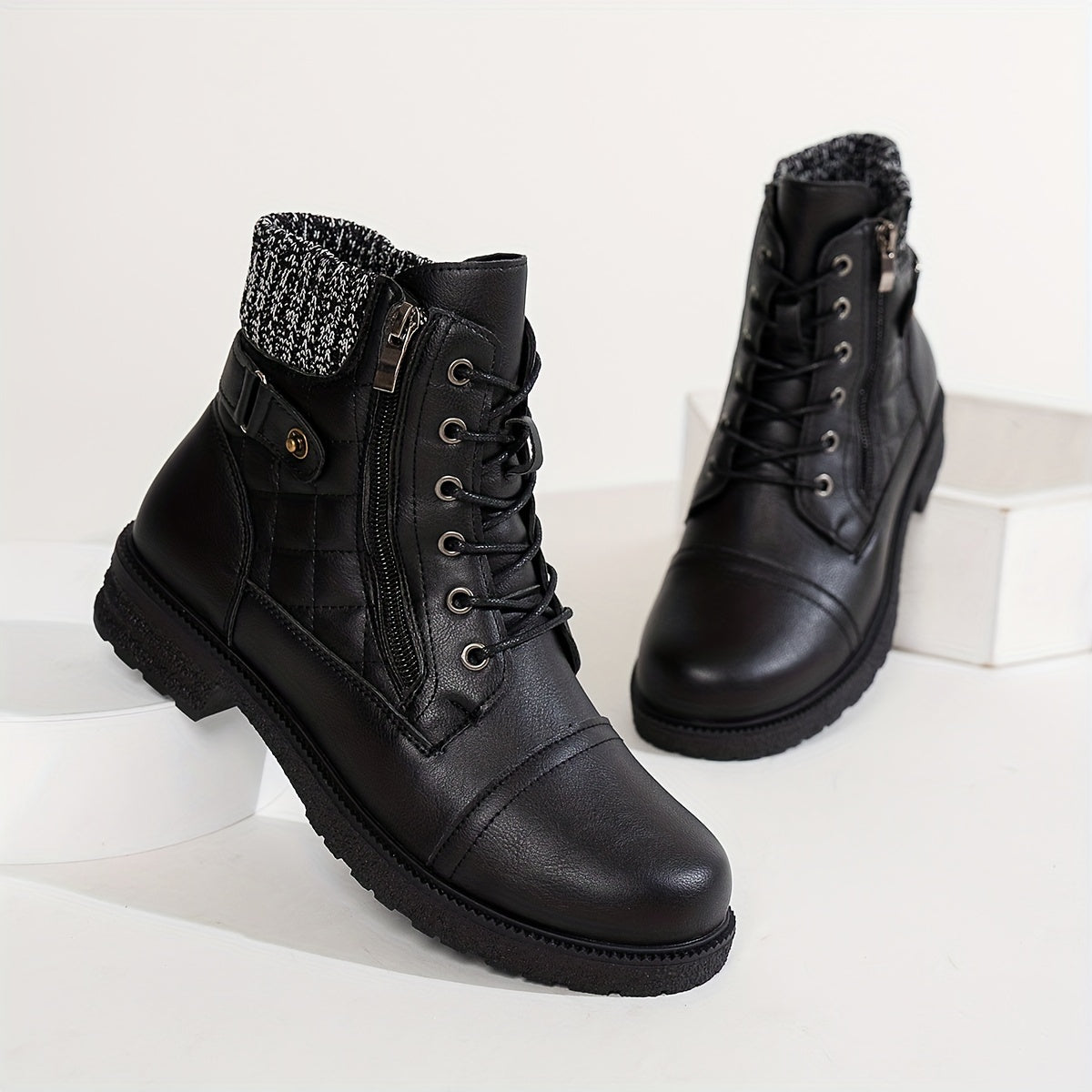 Women's Boots - Chunky Heel Lace-Up Side Zipper