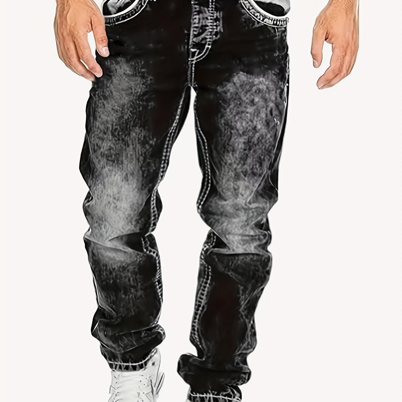 Men's Casual Stretch Denim Jeans - Distressed Washed Regular Fit