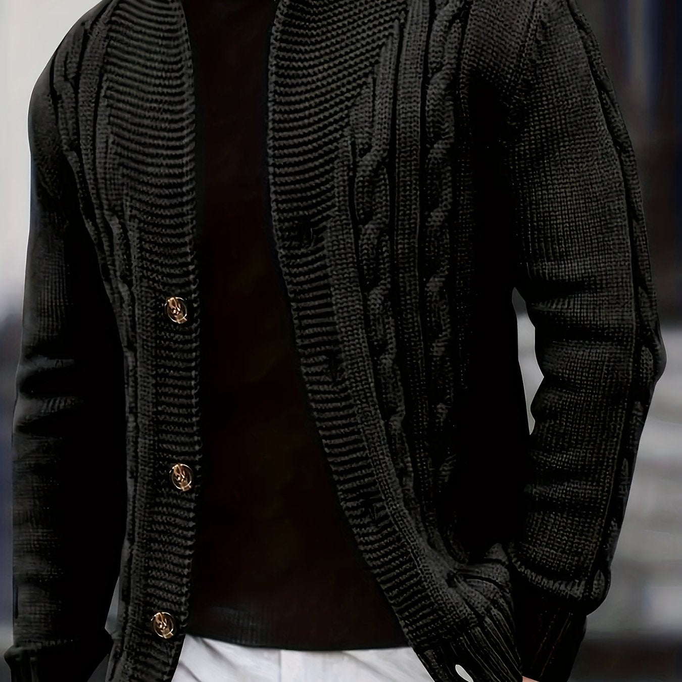 Men's Cable Knit Sweater - Black Large Lapel Ribbed