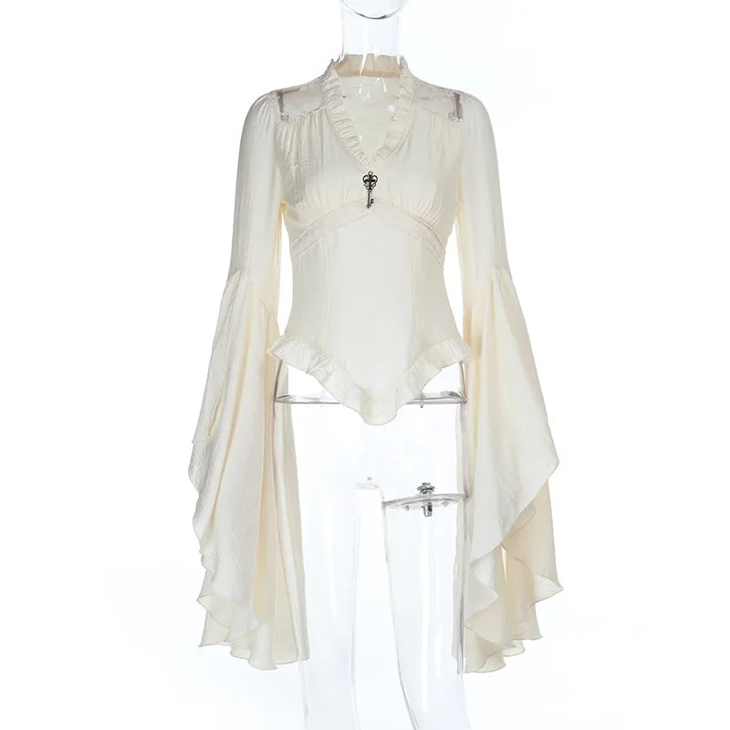 Goth Dark Vintage Fashion Blouses Shirts Women Batwing Sleeve Mall Gothic V-Neck Slim Shirts Tops Embellished Halloween Clothes