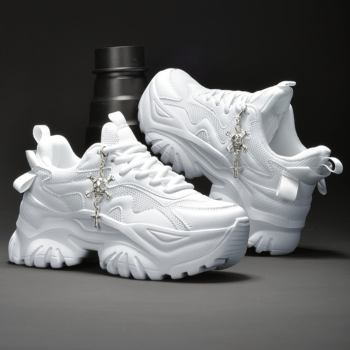 Women's 7cm Height-Increasing Fashion Casual Sneakers with Halloween Elements 3D Cross Skull Metal Shiny Pendant Chain Accessory, Dark Style Women's Outdoor All Seasons EVA Thick Platform High Waterline Lightweight Soft Botto