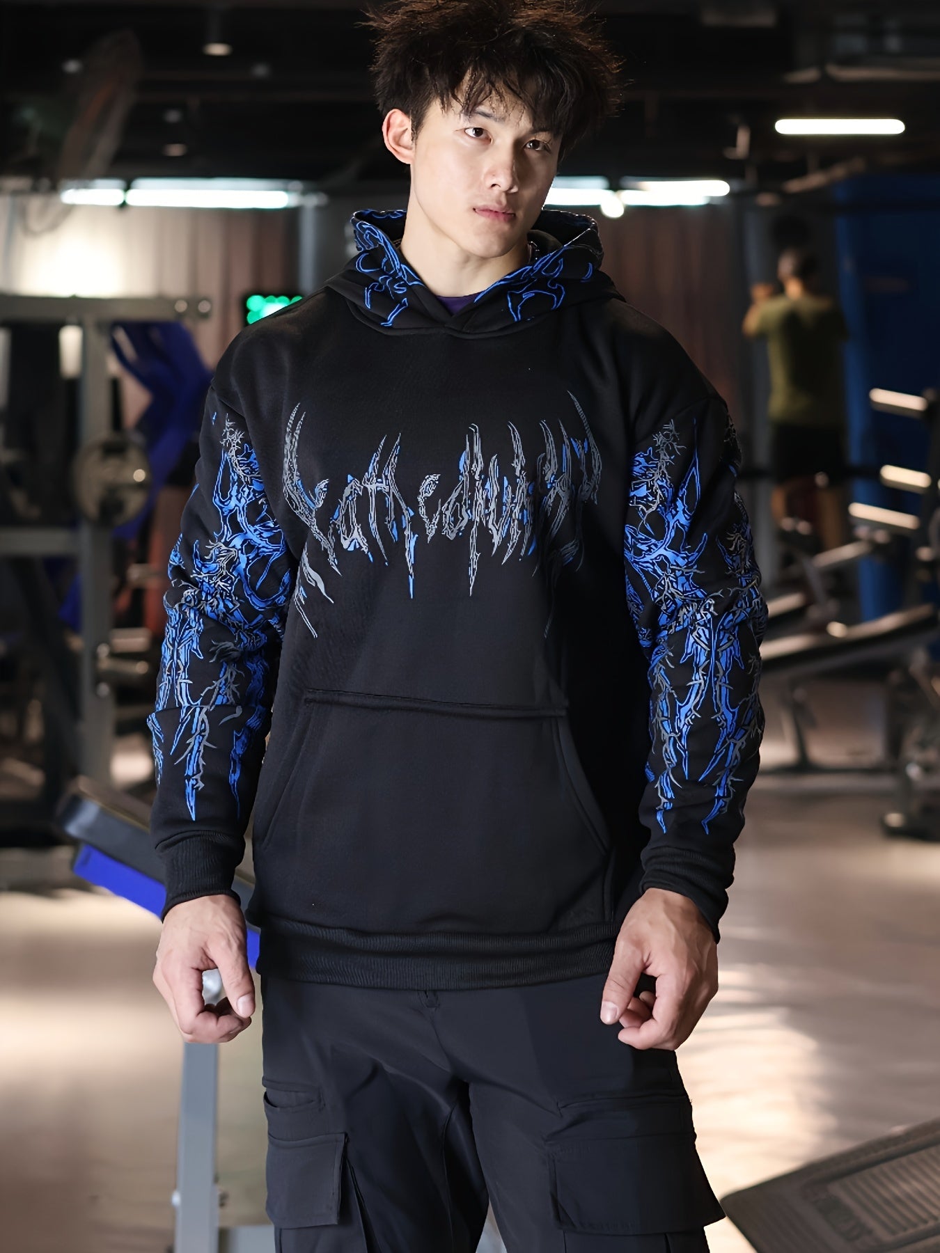 Men's Striped Graphic Print Hoodie - Loose Fit with Kangaroo Pocket