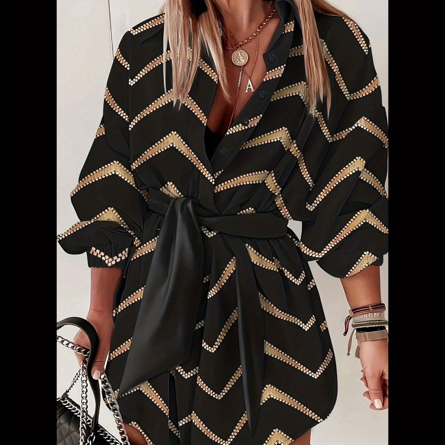 Women's Chevron Print Button Front Dress - Half Sleeve Tie Waist