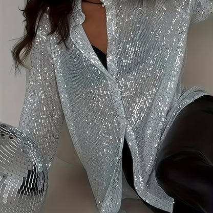 Plus Size Elegant Sequined Long-Sleeve Shirt - Lapel Collar