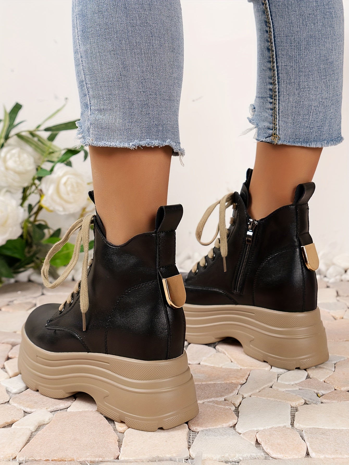 Women's Chunky Platform Ankle Boots - Fleece-Lined Black British