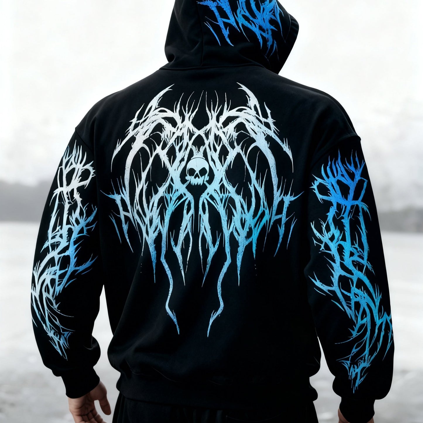 Men's Gothic Skull Print Zip Hoodie - Loose Fit with Pockets