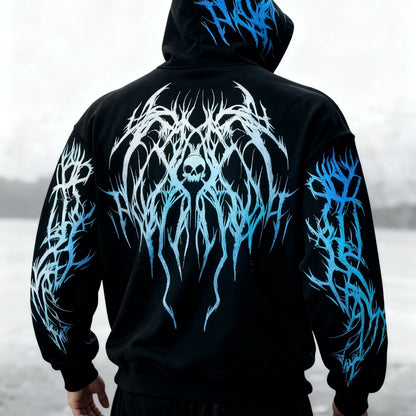Men's Gothic Skull Print Zip Hoodie - Loose Fit with Pockets