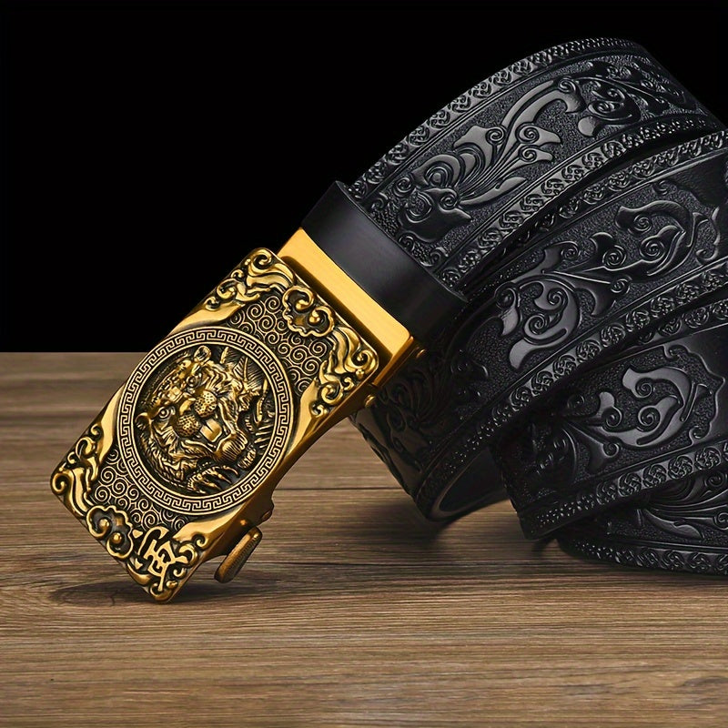 Vintage Genuine Leather Belt - Tiger Head Automatic Buckle