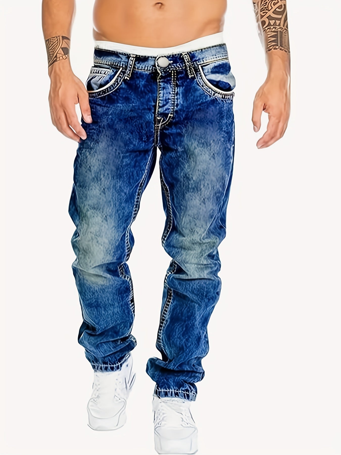 Men's Casual Stretch Denim Jeans - Distressed Washed Regular Fit