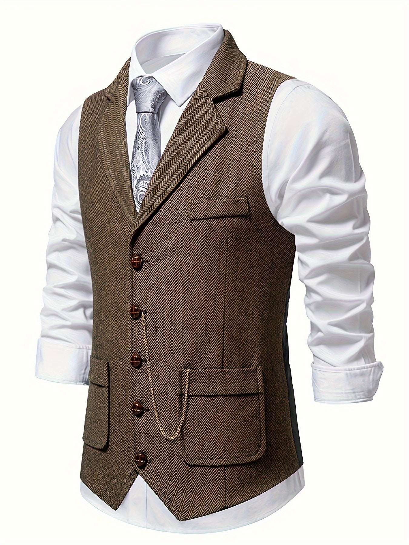 Men's Herringbone Tweed Vest - Single-Breasted Chain Detail Brown