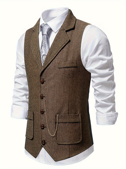 Men's Herringbone Tweed Vest - Single-Breasted Chain Detail Brown