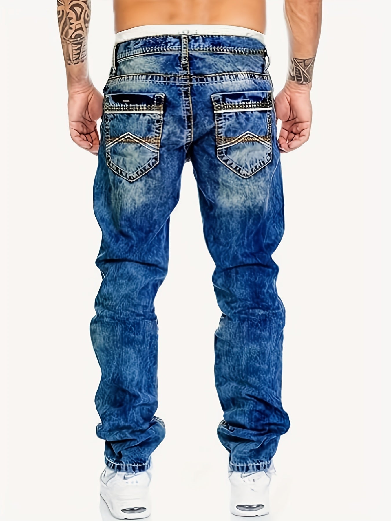 Men's Casual Stretch Denim Jeans - Distressed Washed Regular Fit
