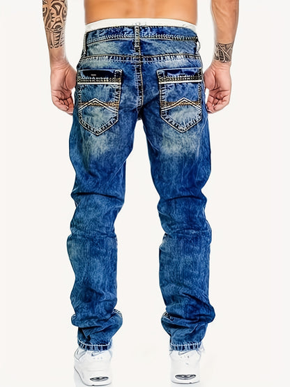 Men's Casual Stretch Denim Jeans - Distressed Washed Regular Fit