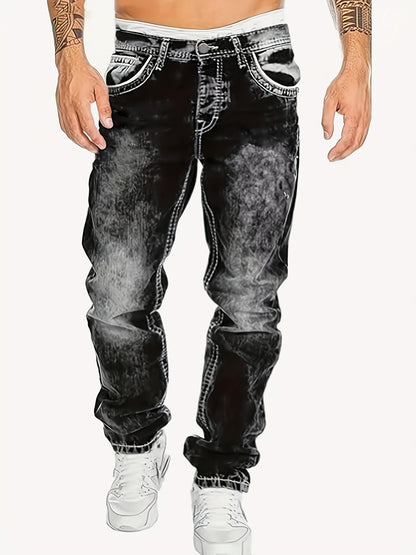 Men's Casual Stretch Denim Jeans - Distressed Washed Regular Fit