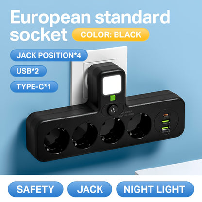 EU Plug Power Strip - 4 Sockets 2 USB Ports Night Light