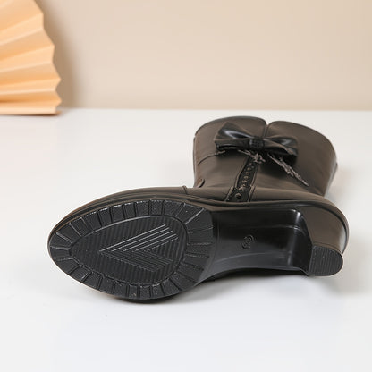 Women's Bowknot Decor Chunky Heel Boots - Plush Lined Fashion