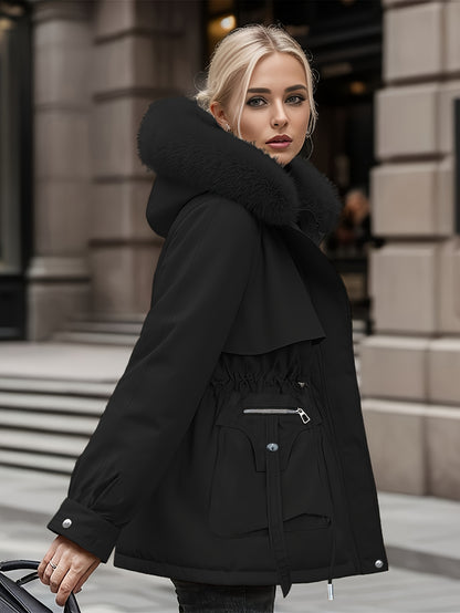 Women's Winter Fleece-Lined Thermal Coat - Full-Zip A-Line Hood