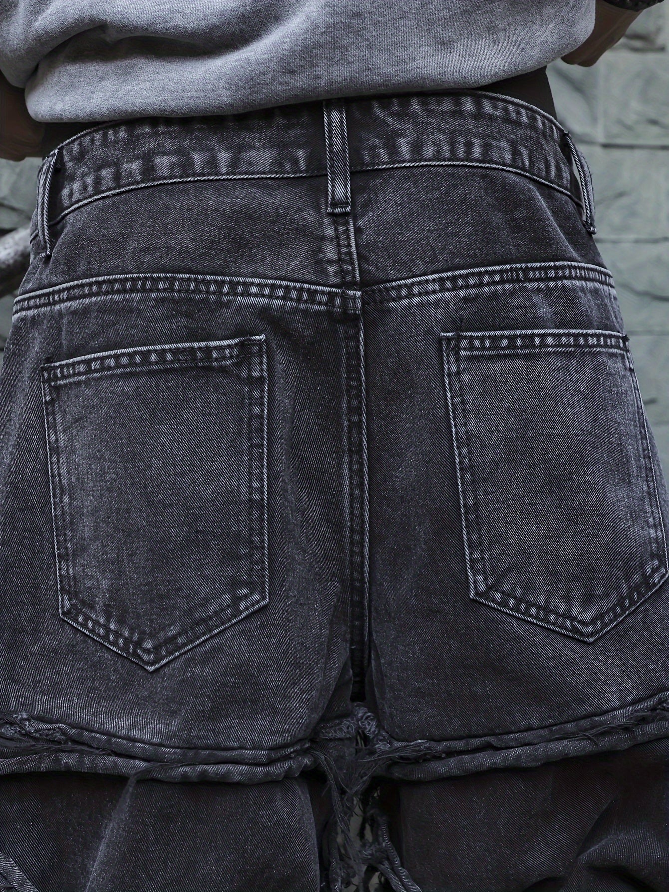 Men'S Streetwear Denim Wide-Leg Pants - Distressed, Loose Fit, Black, Casual Style, All-Season Wear, Non-Stretch Fabric, Perfect for Weekend Outings, Streetwear Fashion | Distressed Denim | Nonstretch Fabric