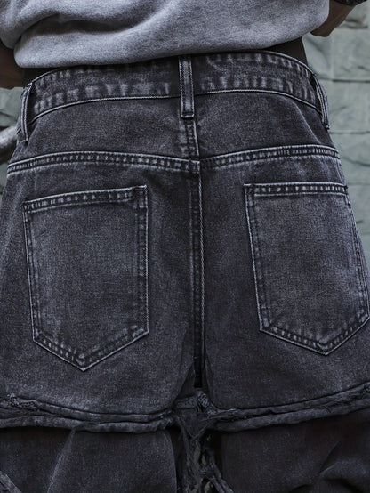 Men'S Streetwear Denim Wide-Leg Pants - Distressed, Loose Fit, Black, Casual Style, All-Season Wear, Non-Stretch Fabric, Perfect for Weekend Outings, Streetwear Fashion | Distressed Denim | Nonstretch Fabric