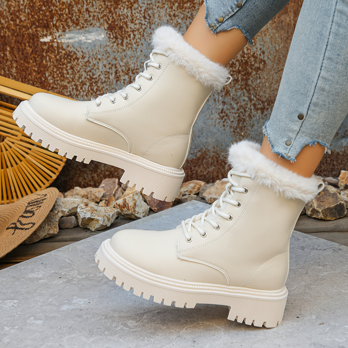 Women's Elegant White Fleece-Lined Ankle Boots - Side Zipper