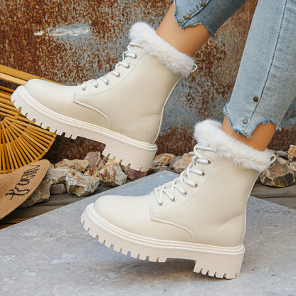 Women's Elegant White Fleece-Lined Ankle Boots - Side Zipper