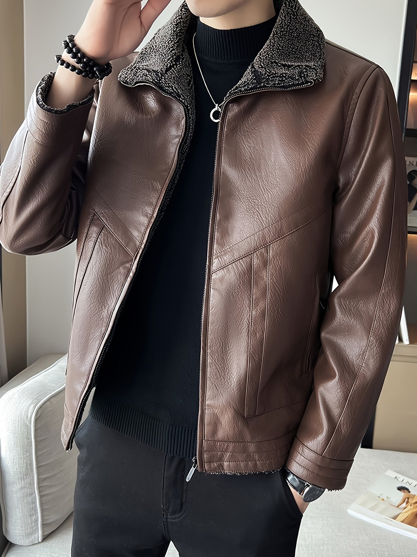 Men's Winter Thickened Bomber Jacket - Windproof Lapel PU