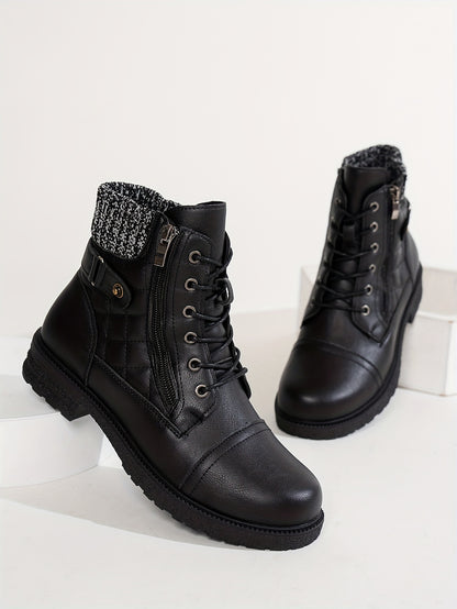 Women's Boots - Chunky Heel Lace-Up Side Zipper
