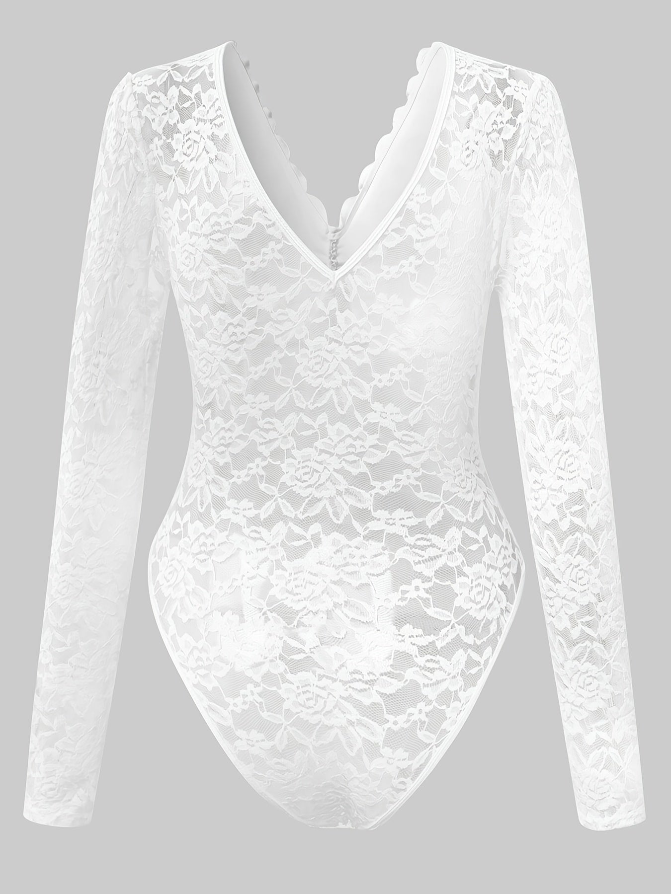 Elegant Burgundy Lace Bodysuit - Long Sleeve Sheer Panel Zipper