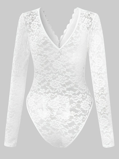 Elegant Burgundy Lace Bodysuit - Long Sleeve Sheer Panel Zipper