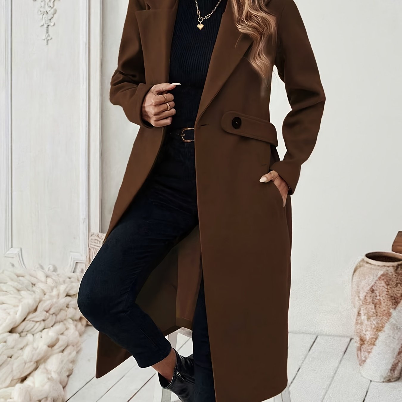 Women's Suit Collar Two-Tone Belted Long Coat - Elegant H-Line