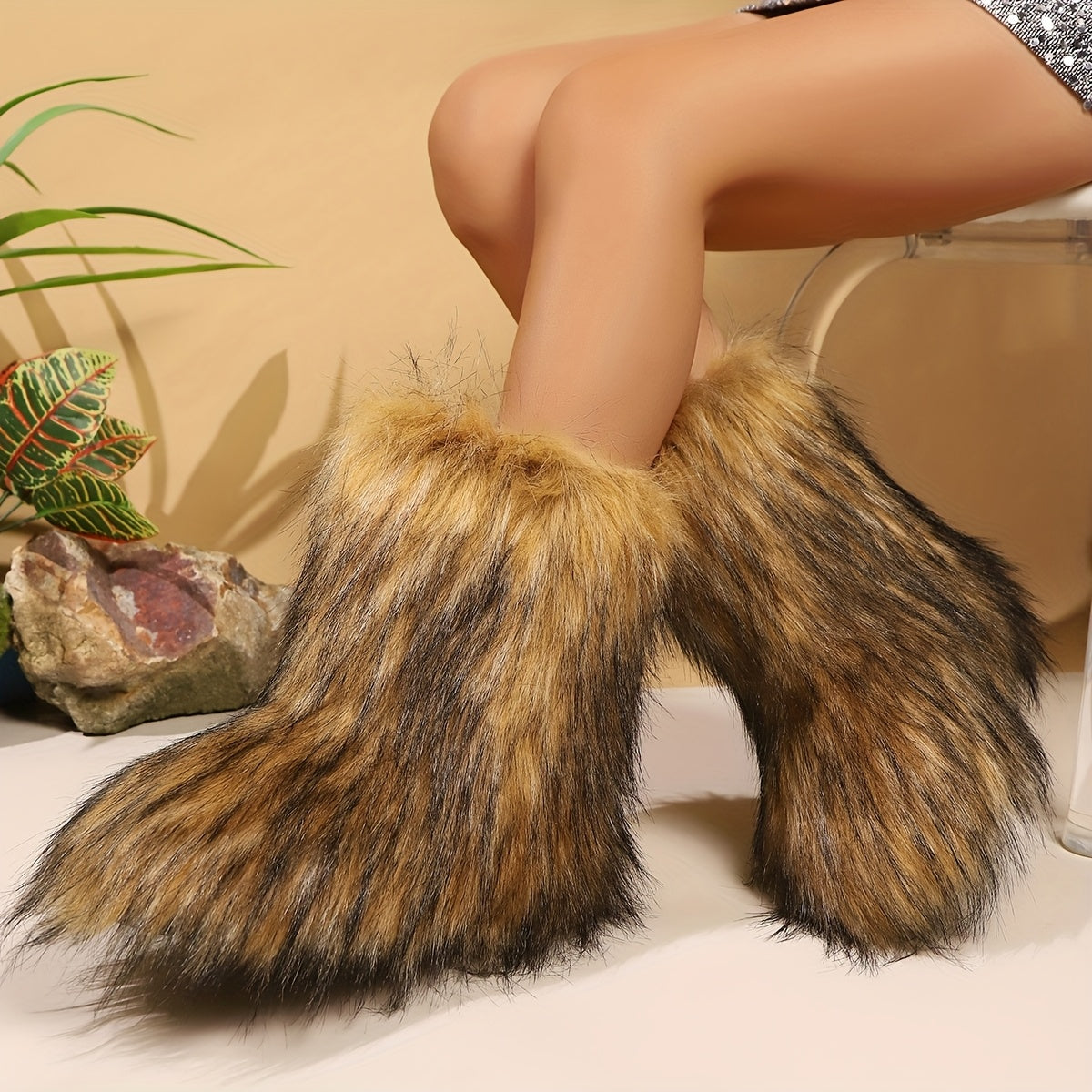 Women's Slip-On Mid-Calf Boots - Plush Faux Fur Lining Winter