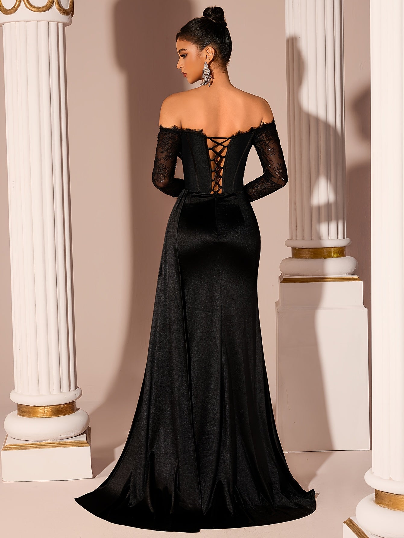 Women's Elegant Off-Shoulder Lace Gown Dress - Slit Back Tie
