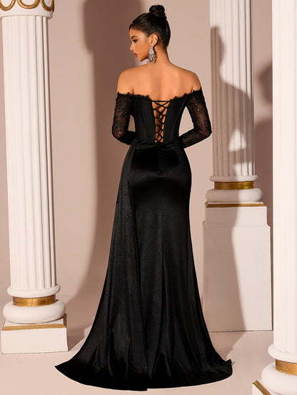 Women's Elegant Off-Shoulder Lace Gown Dress - Slit Back Tie