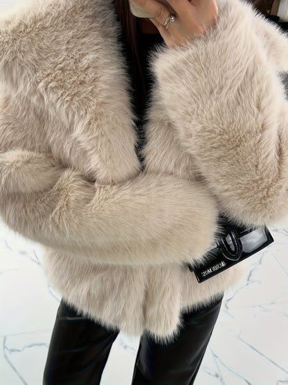 Women's Elegant V-Neck Faux Fur Coat - Solid Color Winter