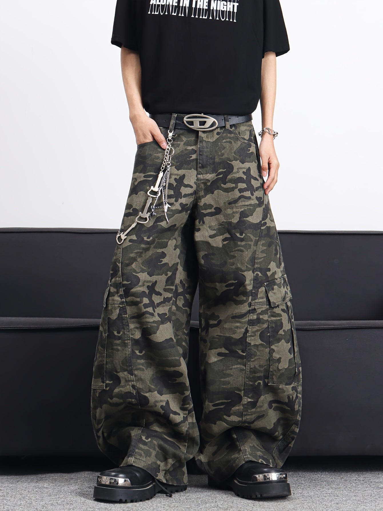 Men's American High Multi-Pocket Jeans - Camo Wide-Leg