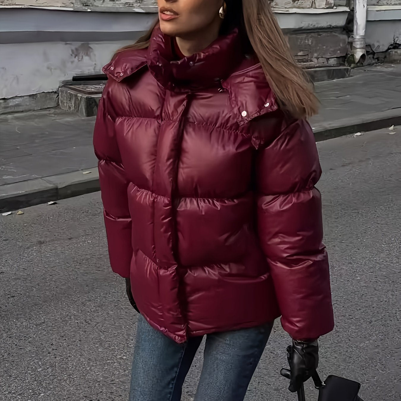 Women's Elegant Warm Coat - Hooded Zipper Button Red