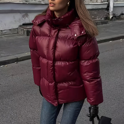 Women's Elegant Warm Coat - Hooded Zipper Button Red