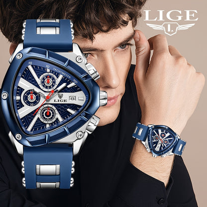 LIGE Men's Quartz Watch - Minimalist Triangle Dial World Time
