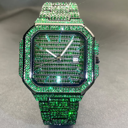 MISS FOX Square Rhinestone Quartz Watch - Green Dial Unisex IP65
