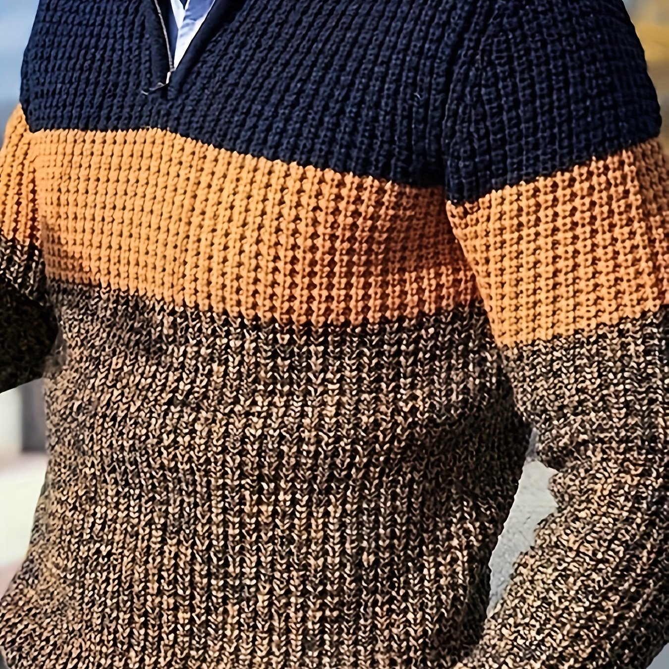 Men's Half-Zip Striped Sweater - Stand Collar Color Block