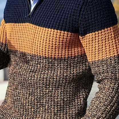 Men's Half-Zip Striped Sweater - Stand Collar Color Block