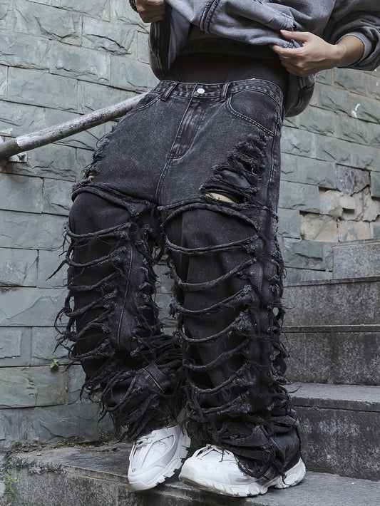 Men'S Streetwear Denim Wide-Leg Pants - Distressed, Loose Fit, Black, Casual Style, All-Season Wear, Non-Stretch Fabric, Perfect for Weekend Outings, Streetwear Fashion | Distressed Denim | Nonstretch Fabric