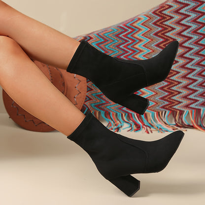 Women's Chunky High Heel Boots - Slip-On Platform Black