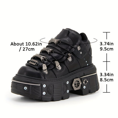 Women's Black Punk Platform Sneakers - High Heel Metal Decor Y2K
